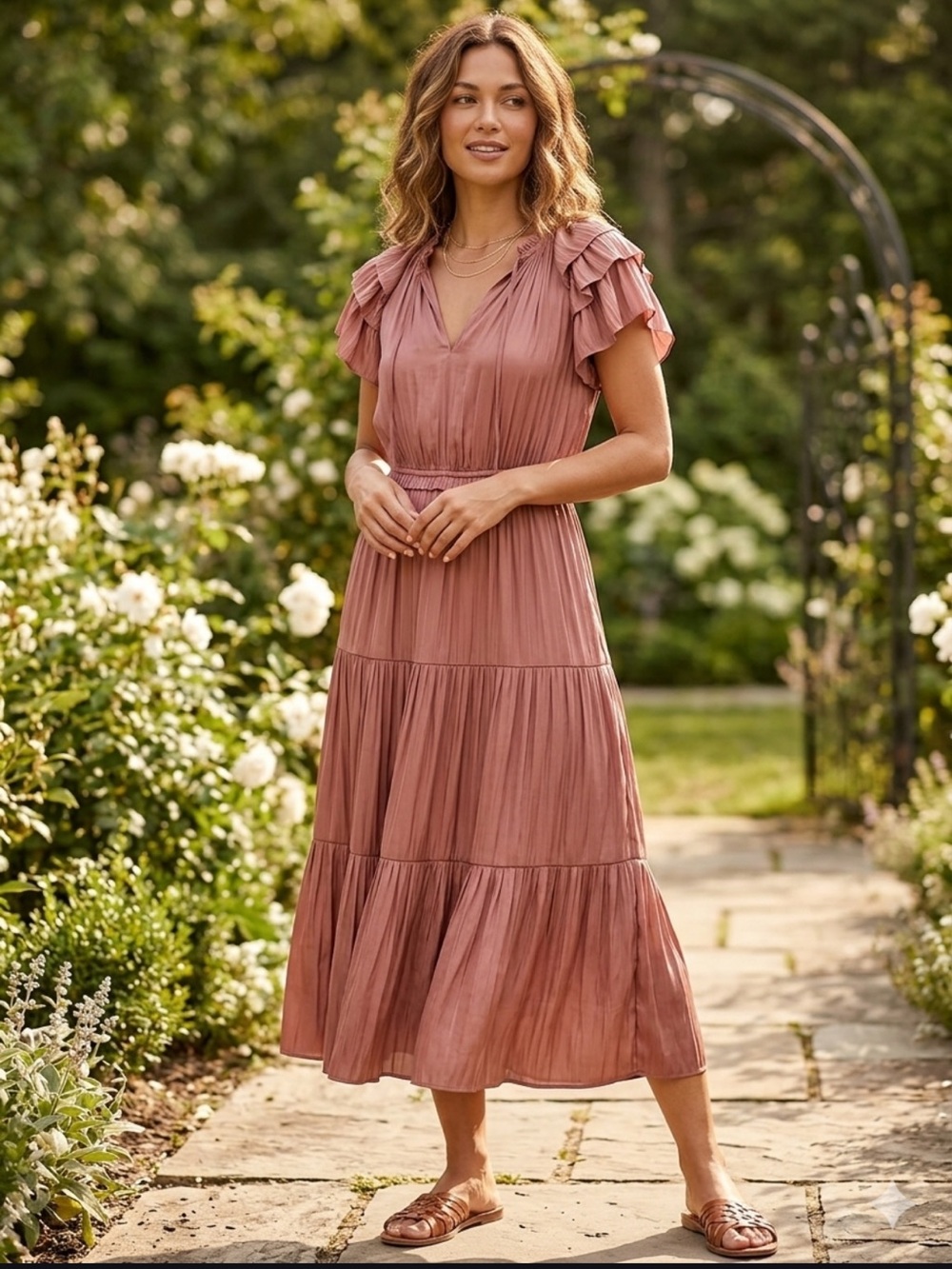 Ulla Johnson Dusty Rose Tiered Ruffle Sleeve Midi Dress